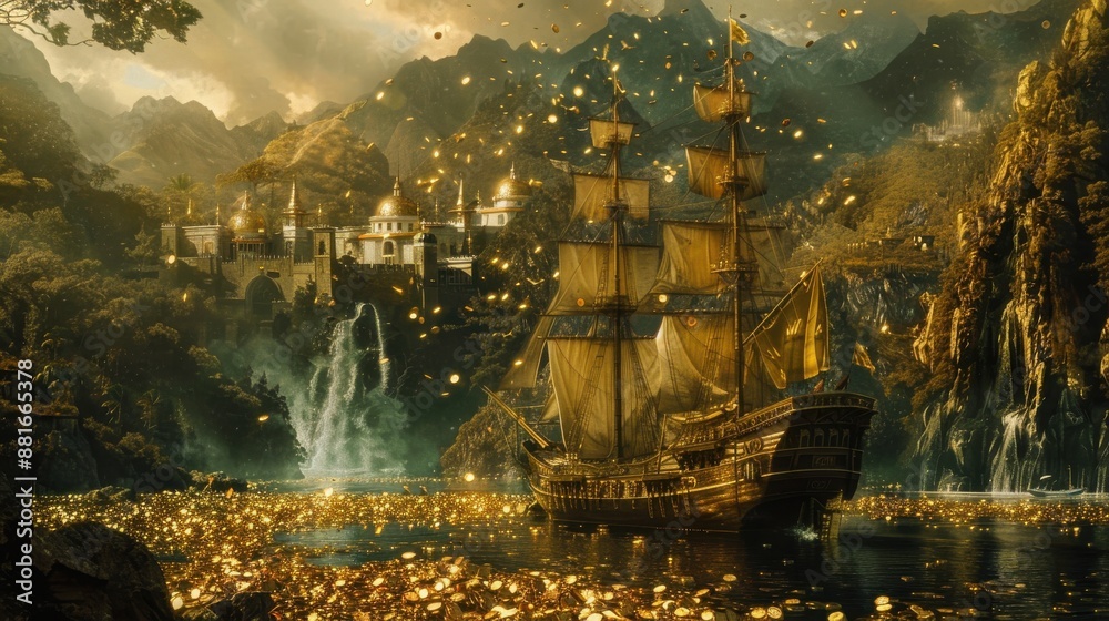 A grand ship navigating through a lake of gold coins, detailed background, symbolizing monetary gain, set against a picturesque landscape A grand ship navigating through a lake of gold coins, detailed background, symbolizing monetary gain, set against a picturesque landscape