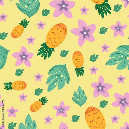 Tropical summer vector pattern design on yellow background