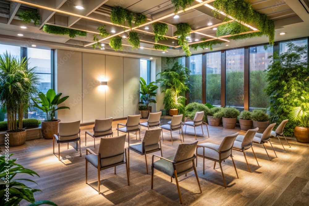 Serene corporate setting with dimmed lights and plants, featuring a row of empty chairs and a guided meditation screen for a wellness program session. Serene corporate setting with dimmed lights and plants, featuring a row of empty chairs and a guided meditation screen for a wellness program session.