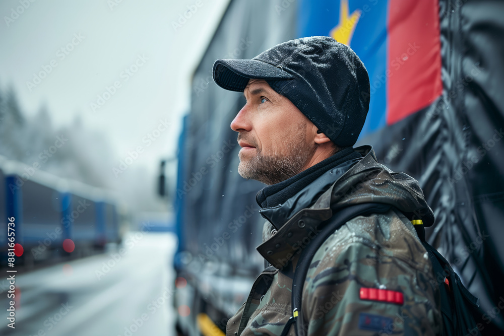 A European Truck Driver Checks His Phone on a Gloomy Day A European Truck Driver Checks His Phone on a Gloomy Day