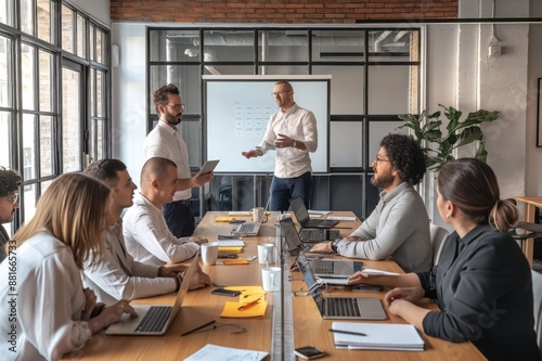 In a modern office, professionals meet in a team to discuss ideas collaboratively. The setting features a conference room, whiteboard, laptops, emphasizing teamwork and communication