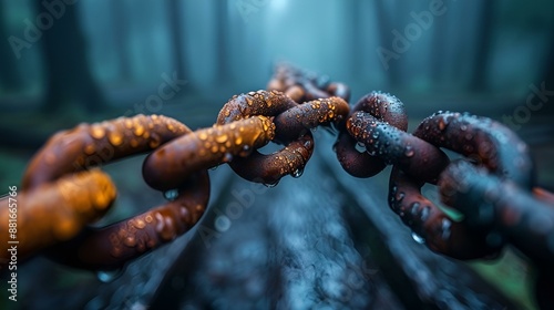 A chain hanging from a tree in a dense forest.