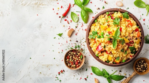 Delicious couscous with veggies on white table top view with space for text