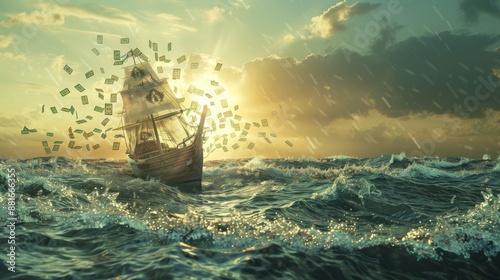 A ship sailing amid waves of ATM cards, detailed background, symbolizing financial journey, set in a tranquil ocean landscape