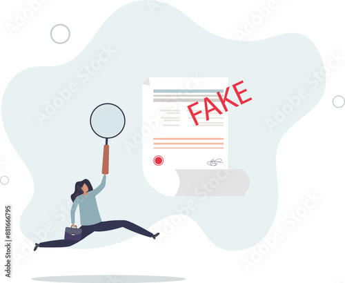 Fake document, wrong information verification or fake news inspection, fraud and illegal reports concept.flat design.illustration with people.