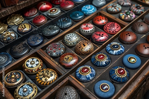 Colorful buttons and knickknacks in a box.