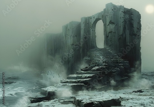 Stone steps leading to the ocean, a picturesque stone structure by the sea. photo