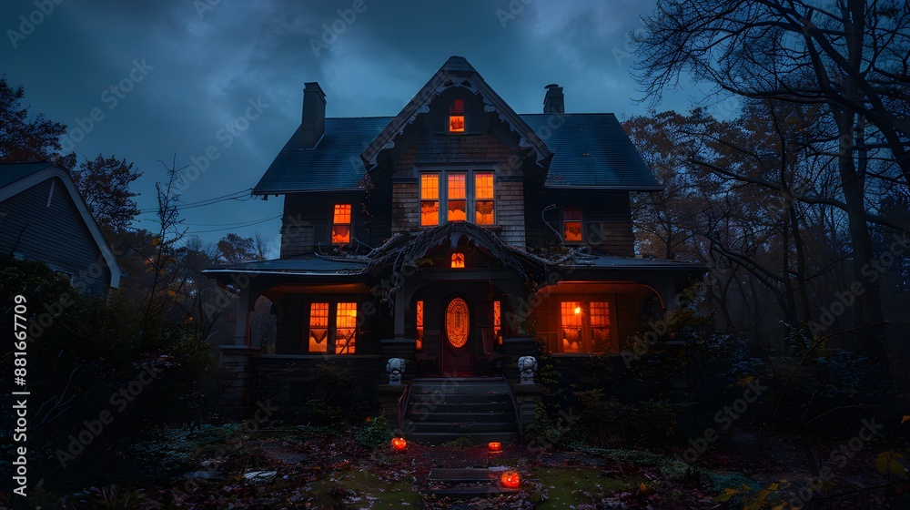 A large, dark, Victorian house stands illuminated by warm, orange light from windows and glowing jack-o'-lanterns A large, dark, Victorian house stands illuminated by warm, orange light from windows and glowing jack-o'-lanterns