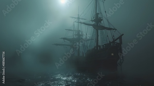 A large sailing ship, with its masts silhouetted against a moonlit sky, traverses a dense fog-covered ocean