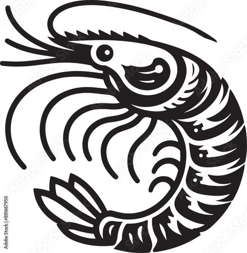 Shrimp sea Caridea animal engraving vector illustration. Scratch board style imitation. Black and white hand drawn image