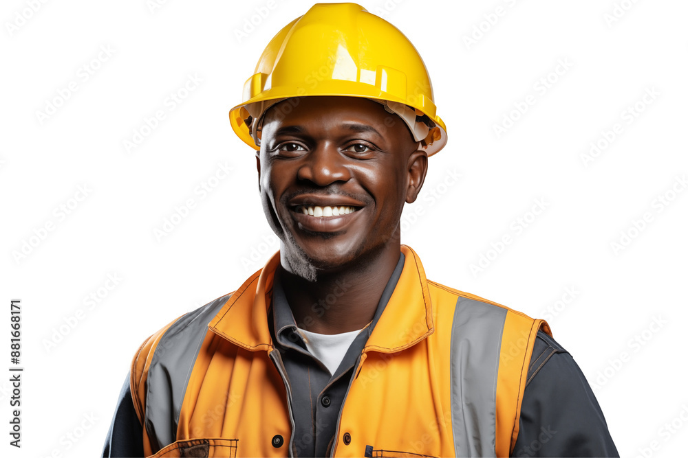 African public works worker smiling on transparent background. Subjects related to public works. Construction profession. Transparent background png cutouts. Job offer. Afro american man. Africa. African public works worker smiling on transparent background. Subjects related to public works. Construction profession. Transparent background png cutouts. Job offer. Afro american man. Africa.