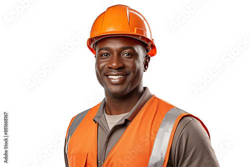 African public works worker smiling on transparent background. Subjects related to public works. Construction profession. Transparent background png cutouts. Job offer. Afro american man. Africa.