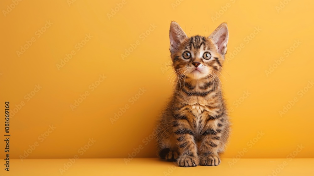 A cute Bengal kitten sitting on a light yellow background with space above for text A cute Bengal kitten sitting on a light yellow background with space above for text