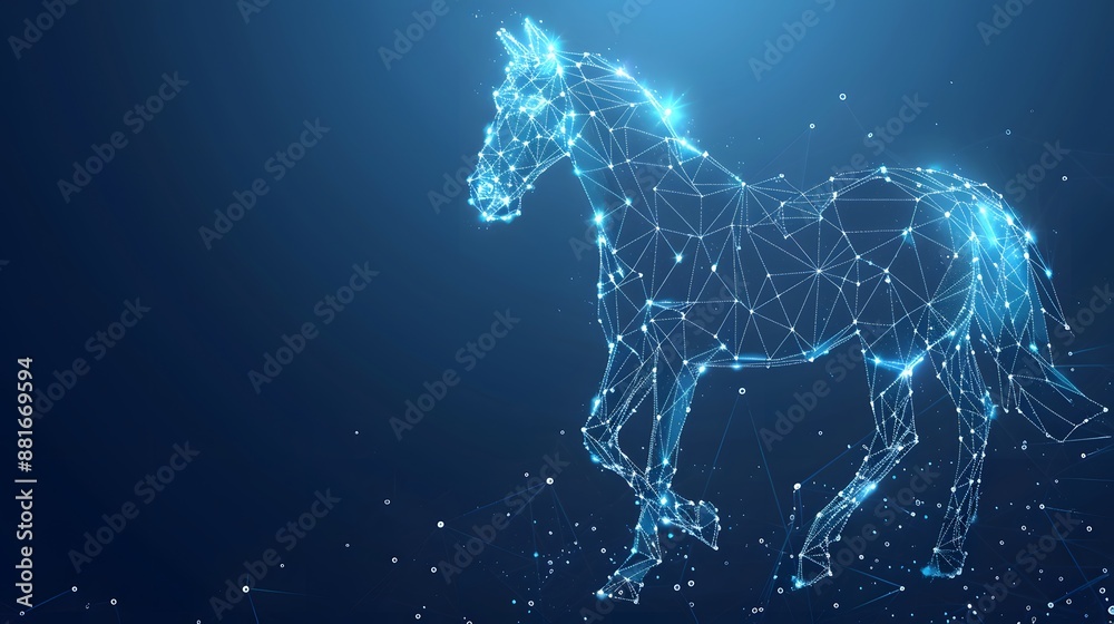 A hologram of a horse. A horse made up of polygons, triangles, points, and lines. Horse low-poly compound structure. The technology concept. A hologram of a horse. A horse made up of polygons, triangles, points, and lines. Horse low-poly compound structure. The technology concept.