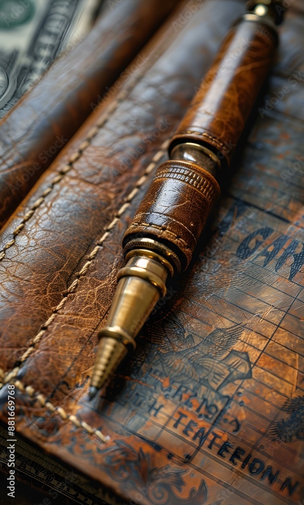 a pen sitting on top of a leather wallet. a pen sitting on top of a leather wallet.