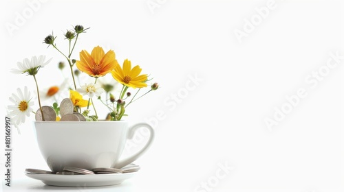 Beautiful flowers sprouting from silver coins in a teacup, realistic background, depicting economic success, isolated on a white background with ample copy space