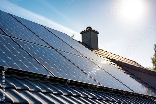 newly constructed homes with solar panels on the roof under a bright sky A close up of a brand new structure with dark solar panels. Zonneenergie, Zonnepanelen, Translation Sun Energy, solar panel photo