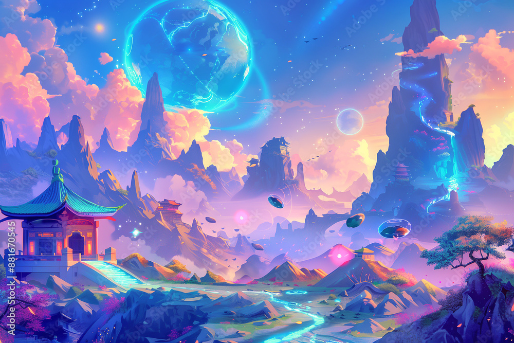 The landscape of the planet is colorful, Chinese fantasy style, night sky background, Chinese punk, detailed world building, dreamy colors, mysterious atmosphere, a small ancient road leading to an or The landscape of the planet is colorful, Chinese fantasy style, night sky background, Chinese punk, detailed world building, dreamy colors, mysterious atmosphere, a small ancient road leading to an or