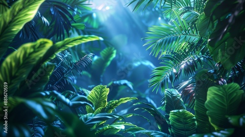 A conceptual illustration of a neon-framed exotic jungle, showcasing the lush foliage and tropical plants in a visually striking and modern design.