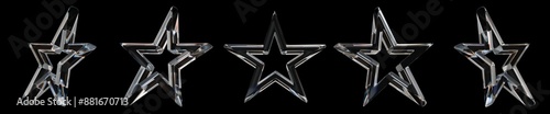 Set of glassy star shape in different angles isolated on a black background. 3D rendering .