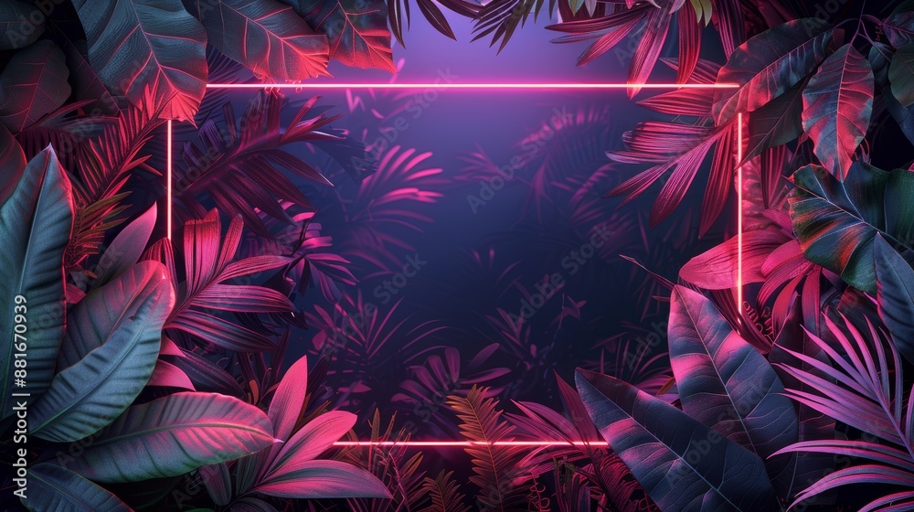 An intricate neon frame encloses a wild jungle filled with lush foliage, creating a striking and futuristic look. An intricate neon frame encloses a wild jungle filled with lush foliage, creating a striking and futuristic look.