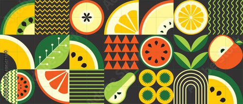 Geometric summer fresh fruit poster with simple shapes. Scandinavian style. A minimalistic illustration of fruits on a black background photo