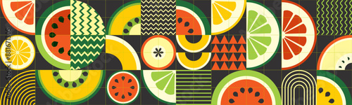 Geometric summer poster with fresh watermelons and citrus cut into pieces. Scandinavian style. A minimalistic illustration of fruits on a black background