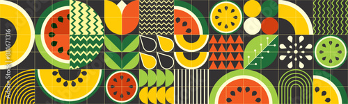 Geometric summer poster with fresh watermelons and melons cut into pieces. Scandinavian style. A minimalistic illustration of fruits on a black background