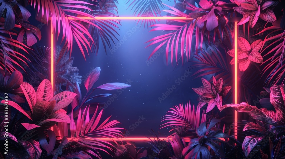 An abstract illustration of a neon frame filled with tropical elements like palm leaves and flowers, creating a paradise-like feel in the design. An abstract illustration of a neon frame filled with tropical elements like palm leaves and flowers, creating a paradise-like feel in the design.
