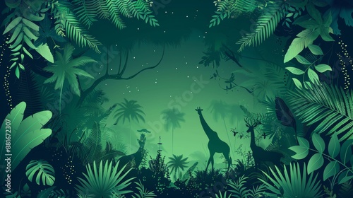 A neon frame featuring silhouettes of tropical forest animals and plants, glowing softly to create a magical and enchanting scene. © MAY