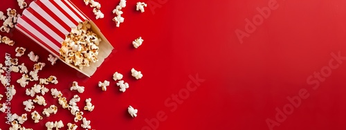 A vibrant web banner featuring a popcorn box on the left side with scattered popcorn against a red background, symbolizing movie night and cinema culture. Ideal for an online store