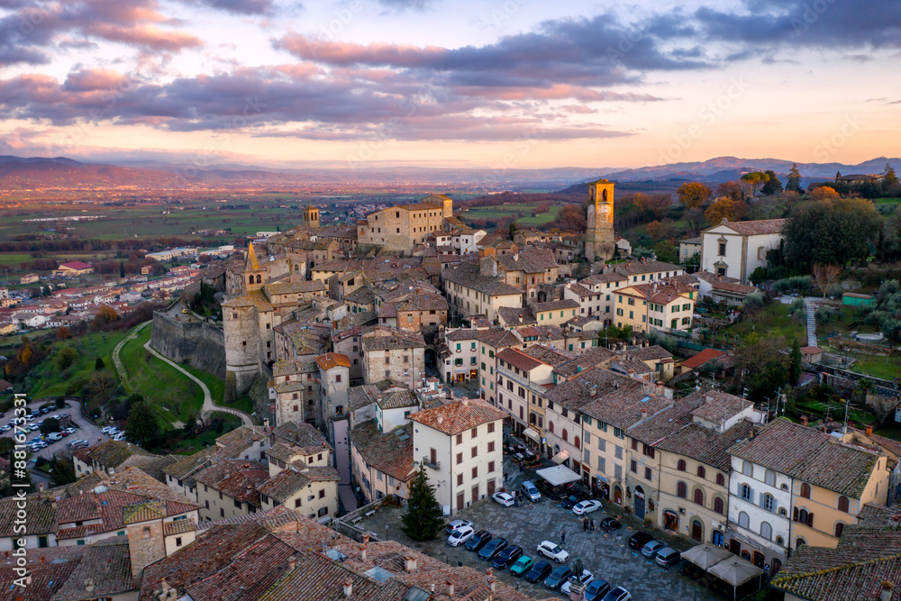 Fototapeta premium Anghiari village drone aerial view at sunset in Tuscany