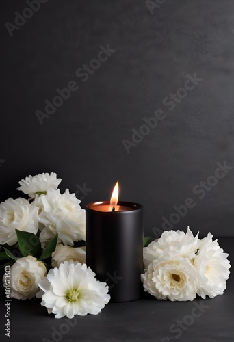 white flowers and burning black candle on black background for obituary notice, funeral announcement, necrology, vertical photo