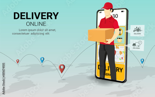 Delivery courier man holding Parcel Box coming out of the mobile screen. Fast delivery, Online order, cardboard package box, online shopping, Online transport, delivery service. 3d Vector illustration