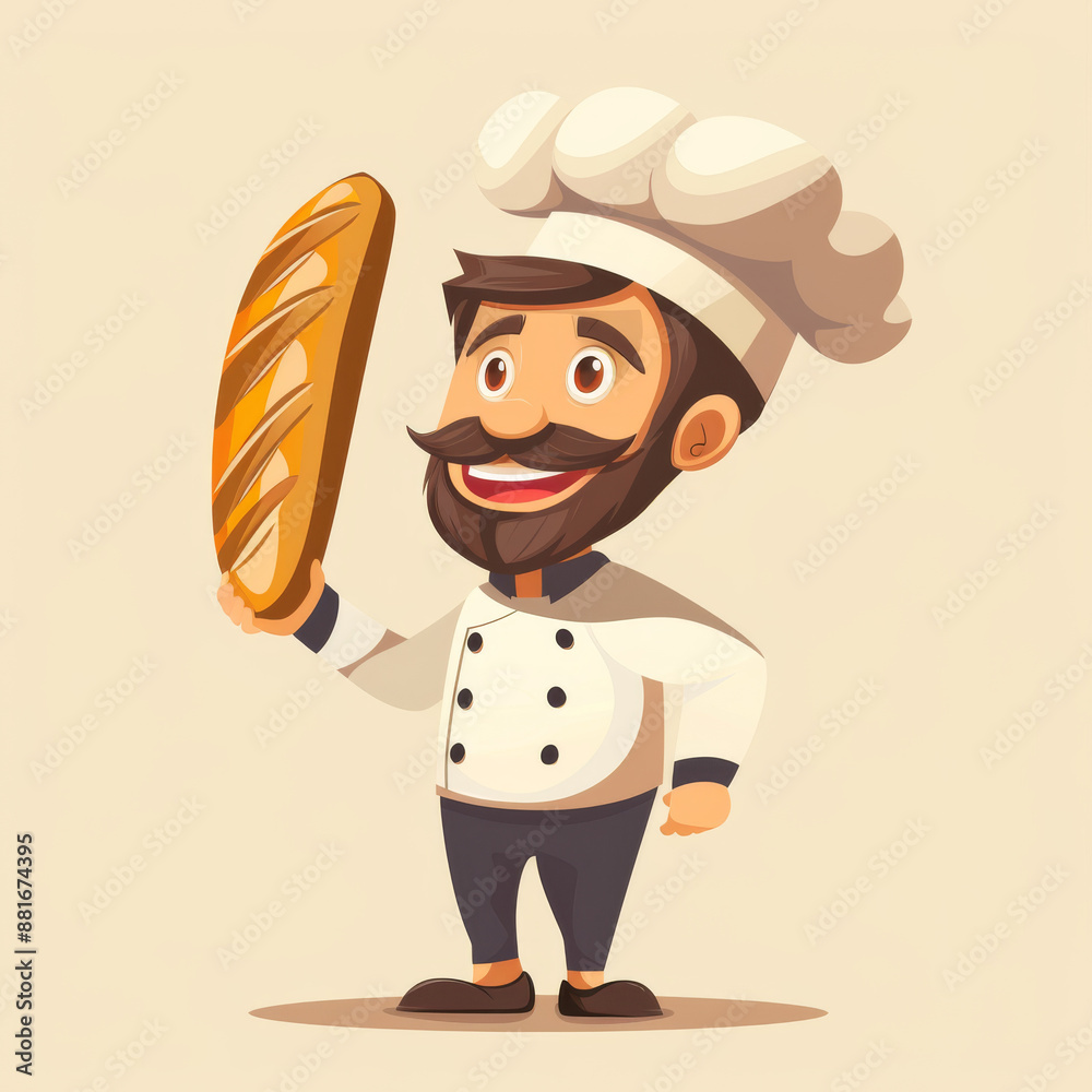 A cartoon chef character holding baguette, vector illustration logo design on light background A cartoon chef character holding baguette, vector illustration logo design on light background