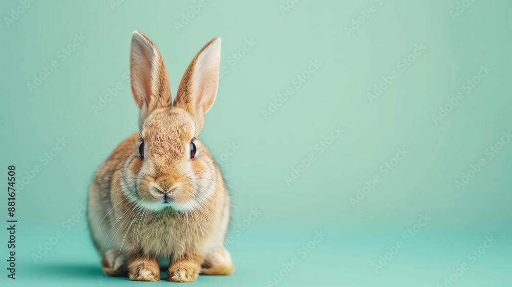 Obraz premium A cute rabbit sitting on a pastel green background with space above for text