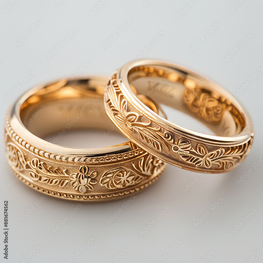 A pair of gold wedding rings with intricate engravings