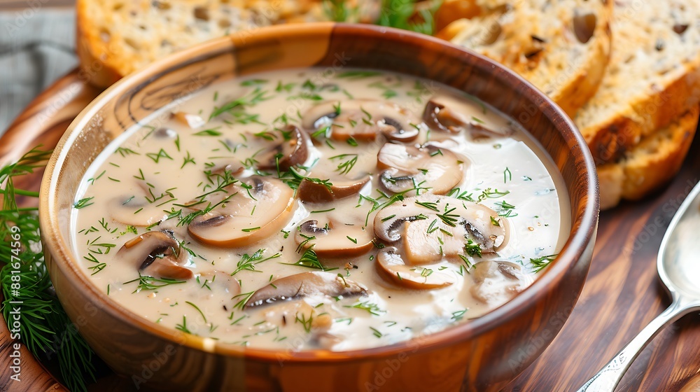 Toast and spicy mushroom soup in a dish with dill sprouts Toast and spicy mushroom soup in a dish with dill sprouts