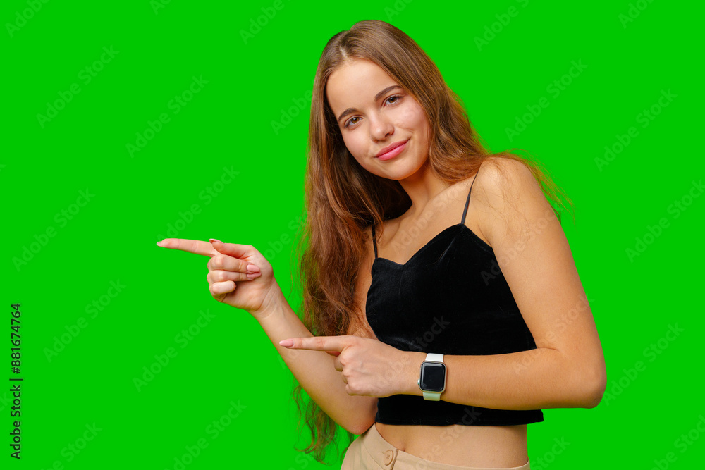 Woman Pointing at Something on Green Screen Woman Pointing at Something on Green Screen