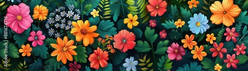 Floral garden-bed with vibrant flowers in full bloom, flat design, top view, nature theme, cartoon drawing, colored pastel