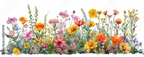 Sunlit garden-bed with a variety of vibrant floral blooms, flat design, side view, growth theme, watercolor, Complementary Color Scheme