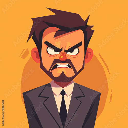 Cartoon portrait of an angry man in suit, simple shapes, simple colors, in the vector style