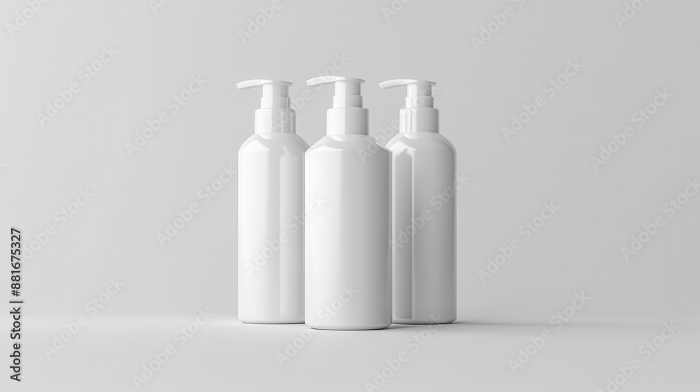 Minimalist White Cosmetic Bottles Arrangement with Selective Focus on Front Bottle Minimalist White Cosmetic Bottles Arrangement with Selective Focus on Front Bottle