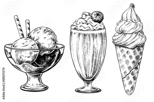 Ice cream set hand drawn vintage vector sketch drawing