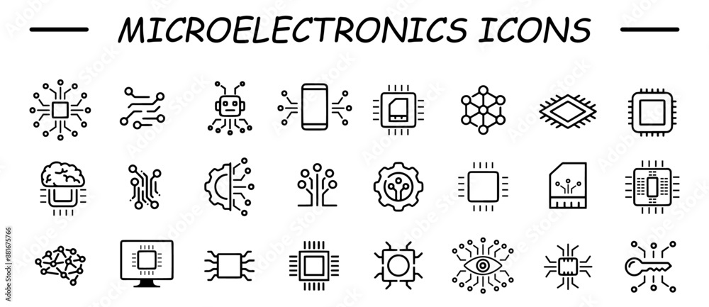 Obraz premium Microelectronics icon set. Chip computer. Engineering electronic micro scheme computer system board vector icon set