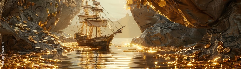 Naklejka premium A ship sailing through a golden coinfilled lake, detailed background, symbolizing prosperity and discovery, set in a tranquil setting