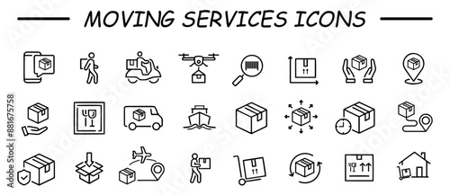 Moving services line icons set. Moving service outline icons collection. Includes courier, shipping, home shifting, fast delivery, loading and more.