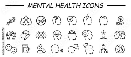 Mental health line icons set. Vector illustration in modern thin line style of medical icons: components of a healthy lifestyle and mental balance.