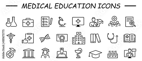 Medical education web icon set in line style. Medicine, college, student, learning, book, collection. Vector illustration.