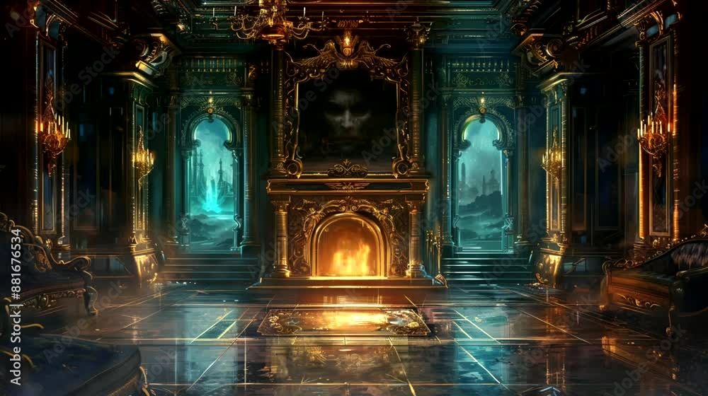 Old fashioned luxury room with fireplace and ghost. Seamless loop video background